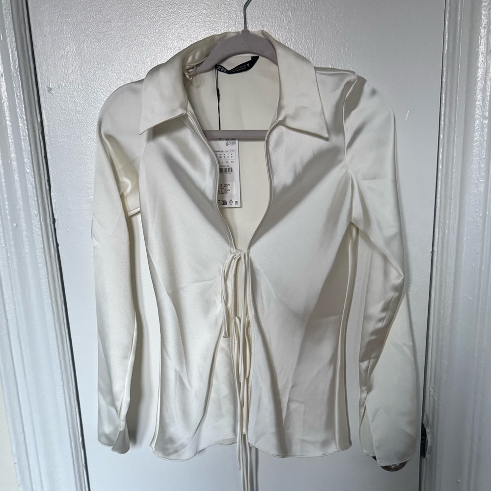 Zara Cream Satin Tie Front Blouse Size S